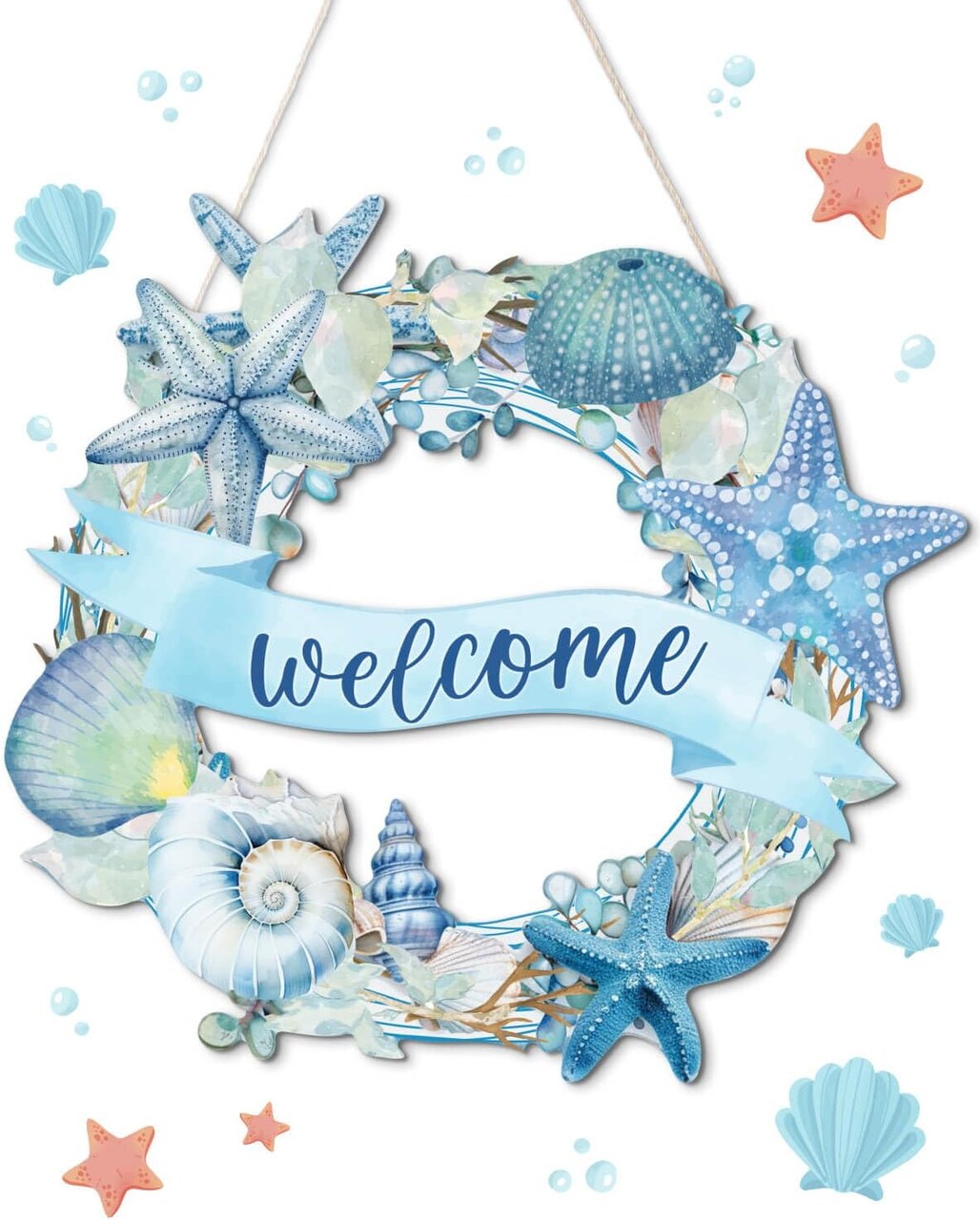 Summer Beach Wreath for Front Door – Ocean Welcome Sign with Sea Turtle, Wooden Beach Door Hanger for Beach House and Home Decor